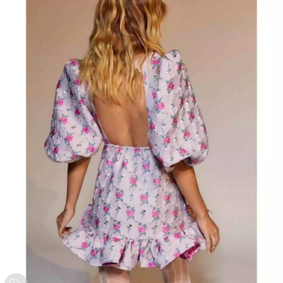Sister Jane Floral Jacquard Puff Sleeve Open Back Mini Dress. Size xs - Picture 2 of 4